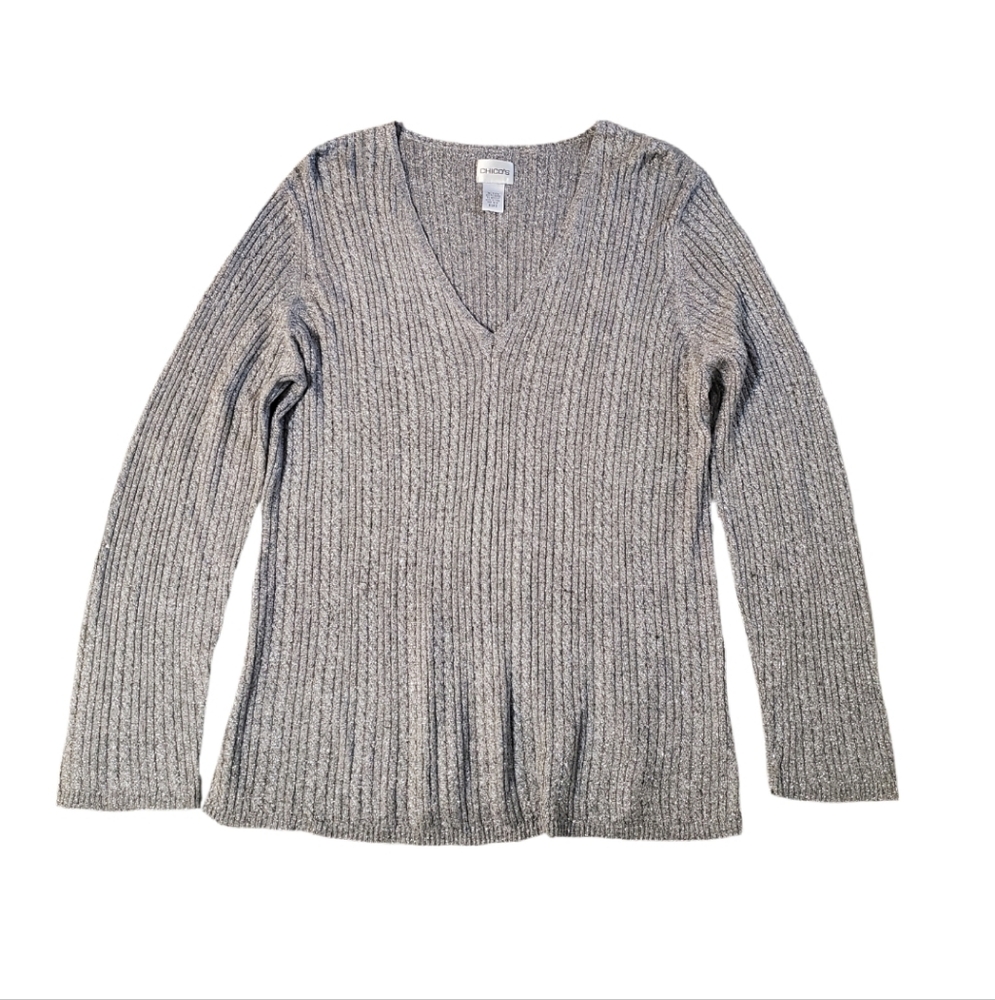 Chico's Women's Gray Metallic Silver Ribbed V-Neck Long Sleeve Sweater Size 3